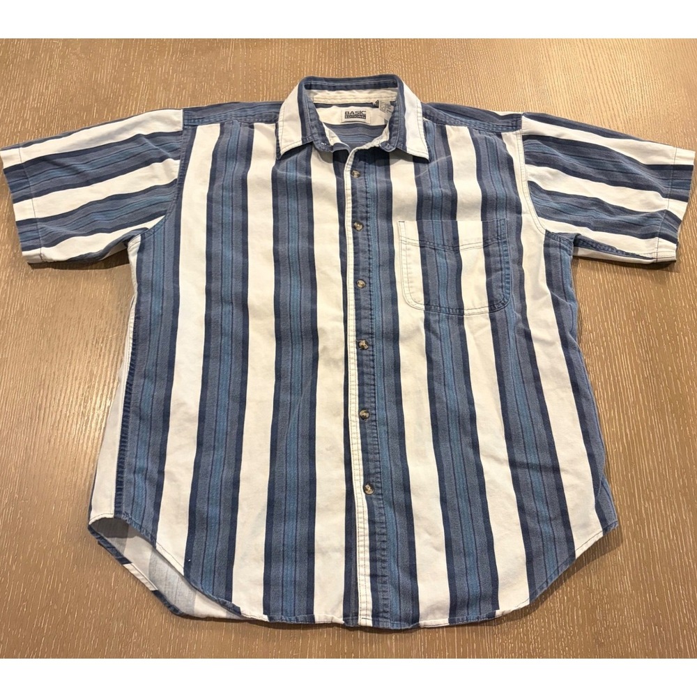 Vtg Basic Editions Men's L Blue White Striped Button Up Shirt Short Sleeve